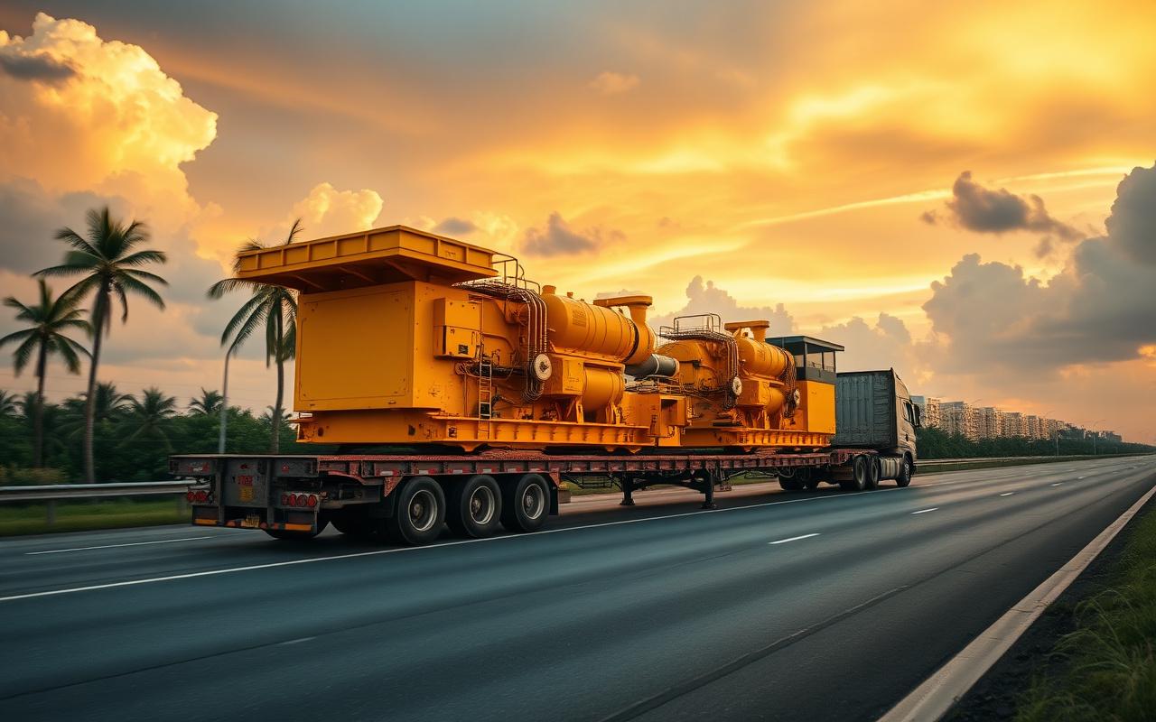 Heavy machinery on flatbed trailer